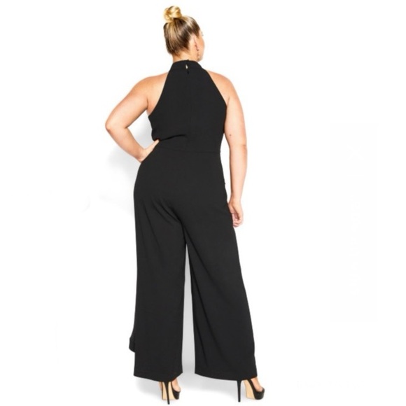 City Chic Mika Halter Jumpsuit Sheer Asymmetrical Ruffle Overlay Wide Leg 20 - Picture 2 of 12